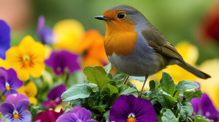 small bird perched on vibrant flowers, showcasing its colorful plumage. scene captures beauty of nature, with bright pansies surrounding bird, creating cheerful atmosphere