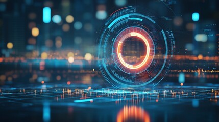 Futuristic HUD interface glowing over city.