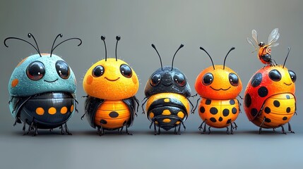 Fototapeta premium A colorful collection of cartoonish, friendly bugs with big eyes and cheerful expressions.