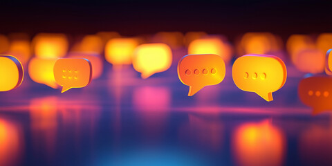 Glowing orange speech bubbles floating above a reflective surface, surrounded by vibrant colors and abstract bokeh.