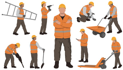 Construction Workers Vector Flat Illustration Set Isolated On A White Background.