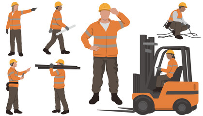 Construction Workers Vector Flat Illustration Set Isolated On A White Background.