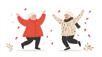 A cartoon illustration of a cheerful older couple dancing together, smiling, in a vibrant vector style.

