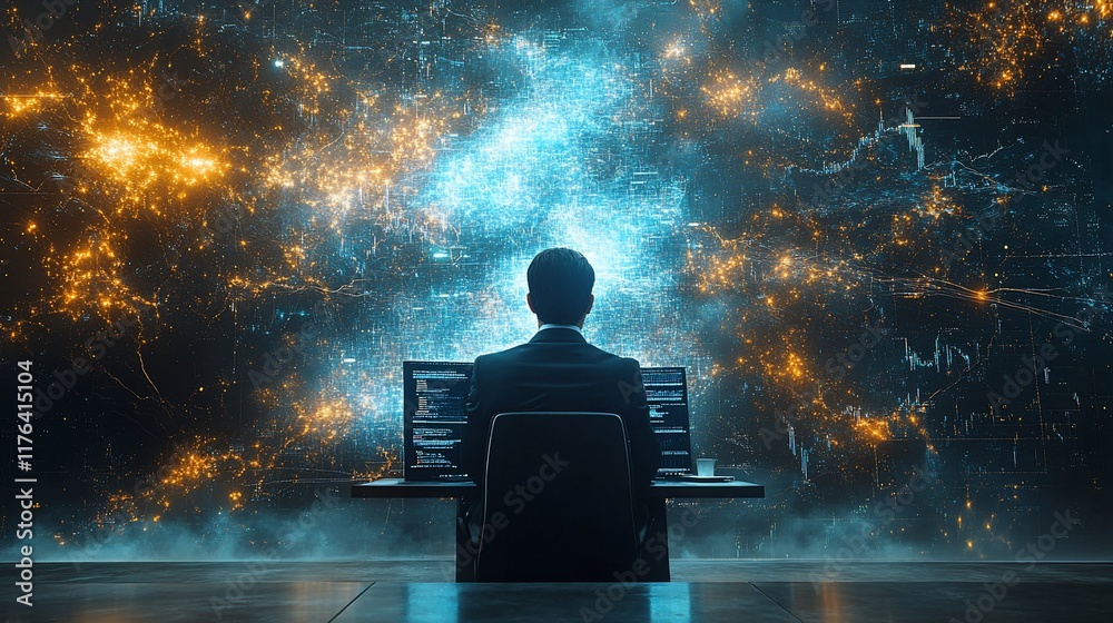Wall mural man sits before glowing data network screen.
