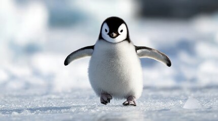 Fototapeta premium A cute penguin chick waddles across icy terrain, showcasing its fluffy appearance and playful nature.