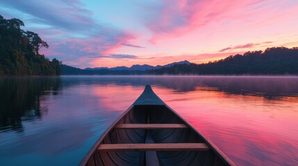 Serene Canoe on Tranquil Lake at Sunrise with Colorful Sky