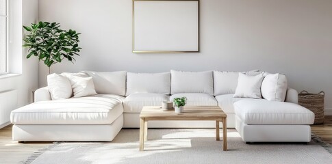 Scandinavian living room with sectional sofa, coffee table, and angled 3D mockup frame.