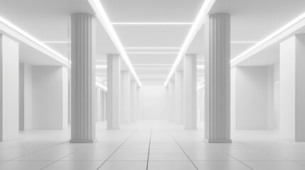 Obraz premium spacious white room featuring elegant pillars and modern ceiling lights, creating bright and minimalist atmosphere. Ideal for showcasing art or events