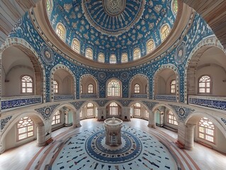 Obraz premium Stunning Wide Shot Photo: Ornate Mosque Interior, Exquisitely Detailed Dome and Floor, Captivating Blue Mosaic. AI Generated