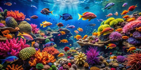 Fototapeta premium Vibrant Coral Reef Aquarium Scene with Bokeh, Underwater Life, Colorful Fish