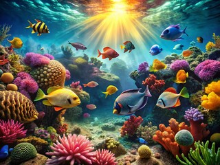 Naklejka premium Vibrant Coral Reef Aquarium: Colorful Fish & Tropical Scene Stock Photo