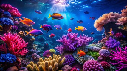 Vibrant Coral Reef Fish in Low Light, Underwater Scene