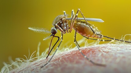 Close-up of a Mosquito Feeding on Skin, Highlighting Intricate Details of Its Body and Features Against a Soft, Blurred Background