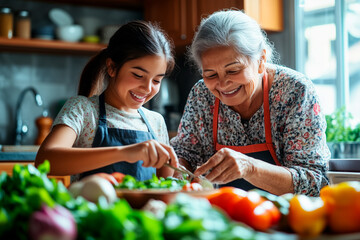 A Latina grandmother in her 60s patiently teaching her teenage granddaughter how to prepare traditional family recipes in a bright kitchen
