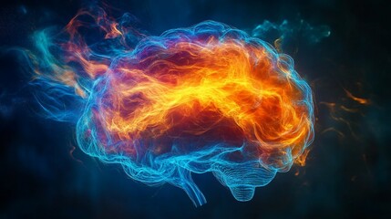 Fototapeta premium Fiery, abstract brain in blue and orange flames.