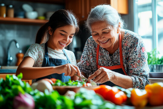 A Latina grandmother in her 60s patiently teaching her teenage granddaughter how to prepare traditional family recipes in a bright kitchen