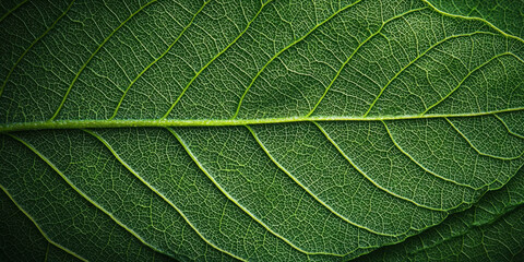 Obraz premium close up view of green leaf texture showcasing intricate veins and patterns, highlighting beauty of nature. This captures essence of organic design and natural elements