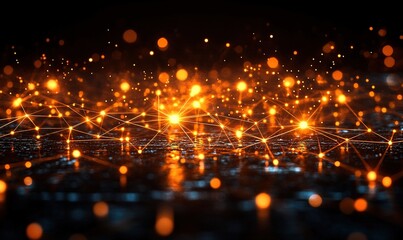 Fototapeta premium A digital landscape featuring glowing orange particles interconnected by lines, representing data or network connections.