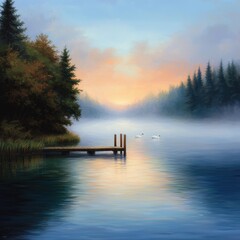 Serene Lake at Sunrise with Swans and Misty Forest Landscape