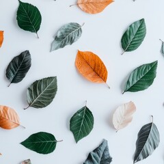 Autumn Leaves Pattern  Green  Orange  Beige Fall Foliage Flatlay