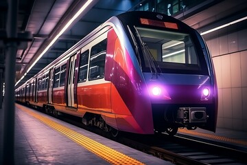 Fototapeta premium Modern train at a station, showcasing sleek design and lighting.