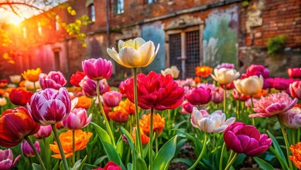 Fototapeta premium Vibrant Double Peony Tulips Blooming in a Lush Field - Urban Exploration Photography