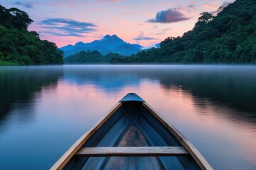 Serene Boat at Dawn on Calm Lake with Mist and Mountains in View