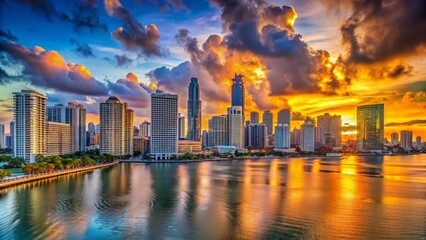 Fototapeta premium Vibrant Downtown Miami Panorama: HDR Cityscape at Sunset