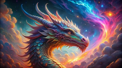 Vibrant Dragon Fantasy Portrait: Colorful Dreamy Background, Intricate Scales