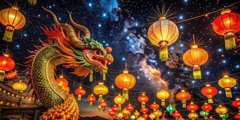 Vibrant Dragon Lanterns Illuminate Lunar New Year Night