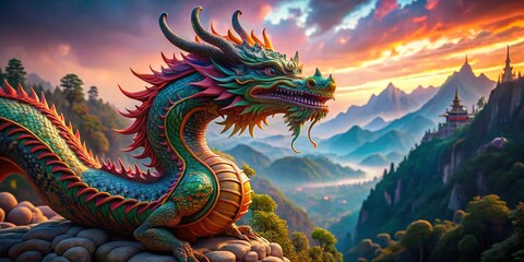 Obraz premium Vibrant Dragon Statue, Intricate Details, Colorful Fantasy Sculpture, Landscape Photography