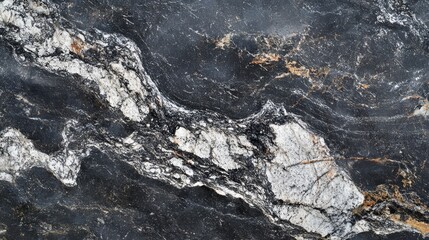 Panoramic close-up of a black and white stone surface with dark gray grunge textures and mountain-like details, offering design space