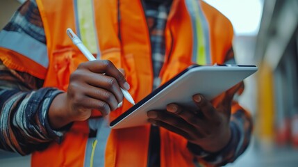 Construction worker using digital tablet.