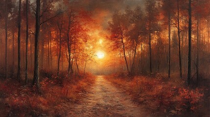 Fototapeta premium A serene autumn landscape with a winding path and a warm sunset, evoking tranquility and natural beauty.