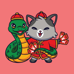 Fototapeta premium cute cat chinese new year with snake and red envelope cartoon vector icon illustration isolated