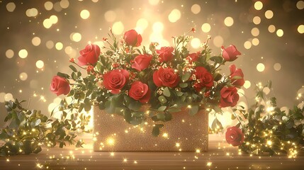 Romantic Red Roses in Glittering Gold Box Festive Valentine s Day Flowers Sparkling Lights