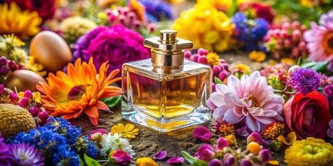 Vibrant Floral Perfume Still Life: Flat Lay Photography