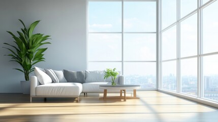 Fototapeta premium a living room with a couch and a plant