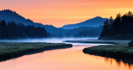 Fototapeta premium Serene River Landscape at Dawn with Mist and Colorful Sky