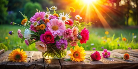 Fototapeta premium Vibrant Flower Arrangement on Wooden Table, Pink Petals, Green Grass Background