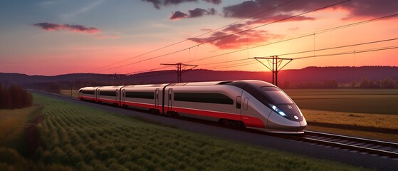 Obraz premium Modern train traveling through a scenic landscape at sunset.