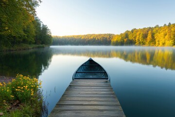 Serene Canoe on Wooden Dock Reflects Autumn Colors and Tranquil Lake