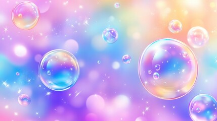 Playful soap bubbles in different sizes with iridescent colors, drifting across a bright and cheerful multicolor background for banners