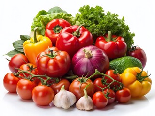 Vibrant Fresh Produce: Tomatoes, Fruits & Vegetables on White