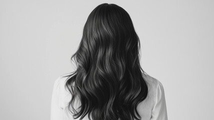 Obraz premium Long sleek wavy hair of woman viewed from back, showcasing smooth texture and elegant style. simplicity of background enhances hair beauty