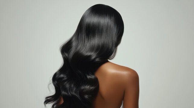 Long sleek wavy hair cascades down woman back, showcasing smooth and shiny texture. image captures elegance and beauty in minimalist style