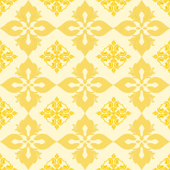 Yellow florals damask classic traditional design, seamless pattern, vector illustration. Design for elaborated borders, ceramic pottery, tiles, and clothing.