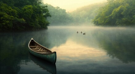 Serene Morning Light Over Misty River with Canoe and Ducks