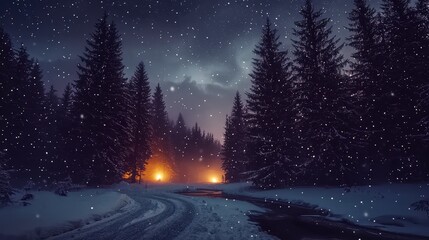 Magical Winter Night  Snowy Forest Road  Falling Snow  Stars