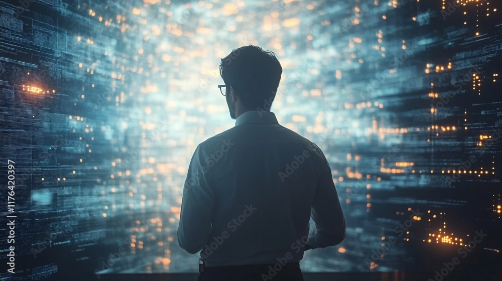 Wall mural man facing digital data stream, technology concept.